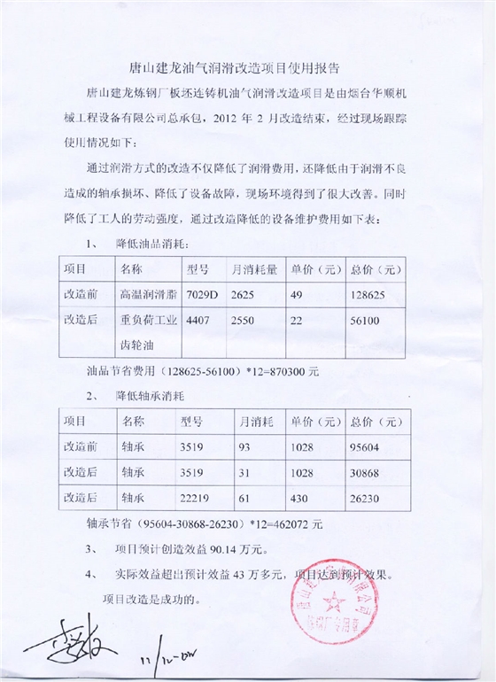 油氣潤(rùn)滑使用報(bào)告